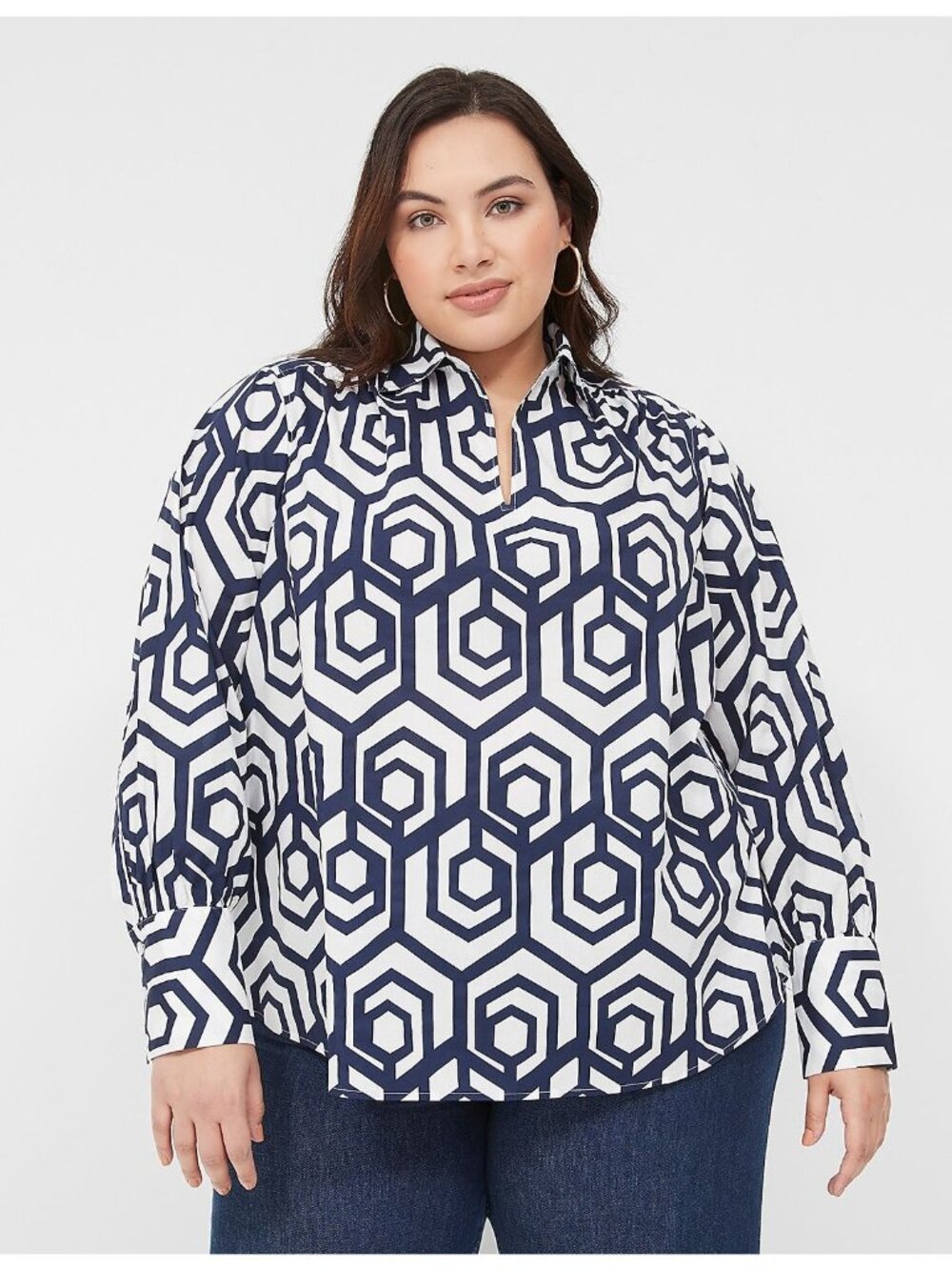 Lane Bryant Navy Geo PLUS Size 4X (26/28) Long-Sleeve Collar Popover Shirt Retro